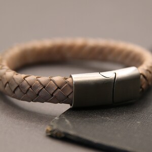 Braided leather bracelet with slide in magnetic clasp, light grey bracelet with stainless steal sturdy clasp, natural leather bracelet image 4