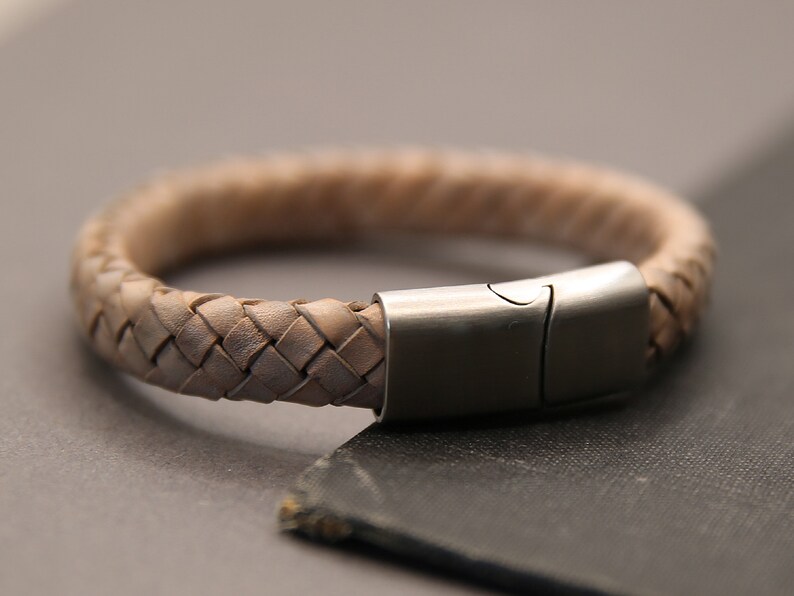 Braided leather bracelet with slide in magnetic clasp, light grey bracelet with stainless steal sturdy clasp, natural leather bracelet image 4