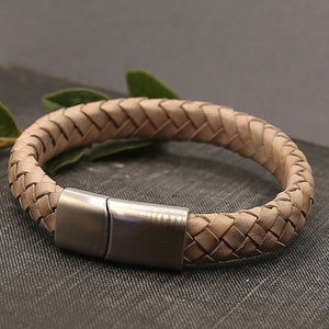 Braided leather bracelet with slide in magnetic clasp, light grey bracelet with stainless steal sturdy clasp, natural leather bracelet image 5