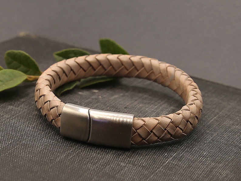 Braided leather bracelet with slide in magnetic clasp, light grey bracelet with stainless steal sturdy clasp, natural leather bracelet image 5