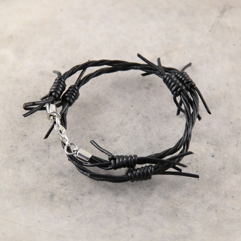 Barbed wire bracelet, steampunk leather bracelet, unisex bracelet, black bracelet, leather punk bracelet, wrap bracelet image 3