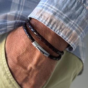 Men’s Double Wrap Leather Bracelet Braided Leather Bracelet for Men with Stainless Steel Clasp Handmade Men’s Wristband Gift for Him