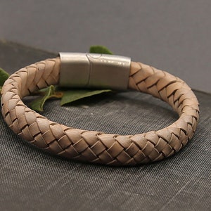 Braided leather bracelet with slide in magnetic clasp, light grey bracelet with stainless steal sturdy clasp, natural leather bracelet image 7