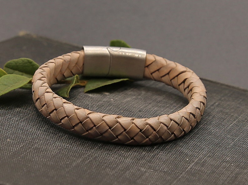 Braided leather bracelet with slide in magnetic clasp, light grey bracelet with stainless steal sturdy clasp, natural leather bracelet image 7