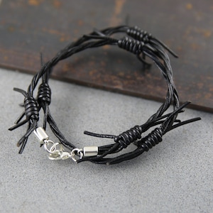 Barbed wire bracelet, steampunk leather bracelet, unisex bracelet, black bracelet, leather punk bracelet, wrap bracelet image 1