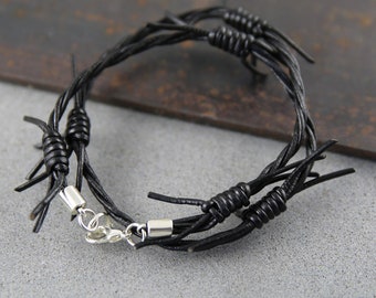 Barbed wire bracelet, steampunk leather bracelet, unisex bracelet, black bracelet, leather punk bracelet, wrap bracelet