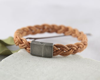 Mens rustic bracelet, braided leather bracelet, fathers day gift, flat braided bracelet, stackable bracelet with stainless steel clasp