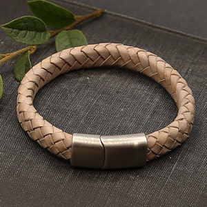 Braided leather bracelet with slide in magnetic clasp, light grey bracelet with stainless steal sturdy clasp, natural leather bracelet image 1