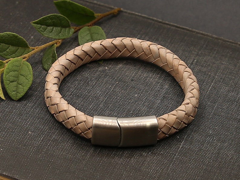 Braided leather bracelet with slide in magnetic clasp, light grey bracelet with stainless steal sturdy clasp, natural leather bracelet image 1