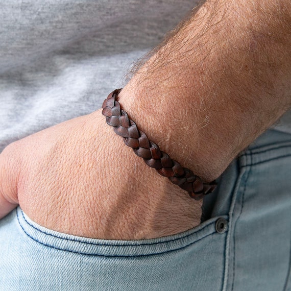 Mens braided leather bracelet, mens rustic bracelet, fathers day gift, flat braided bracelet, stackable bracelet with stainless steel clasp