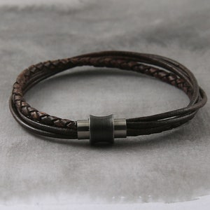 Multilayer brown leather bracelet for women, men leather bracelet with magnetic clasp, rustic leather bracelet for men or women, image 2