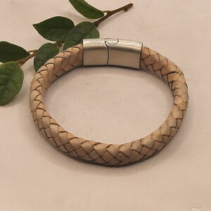 Braided leather bracelet with slide in magnetic clasp, light grey bracelet with stainless steal sturdy clasp, natural leather bracelet image 6