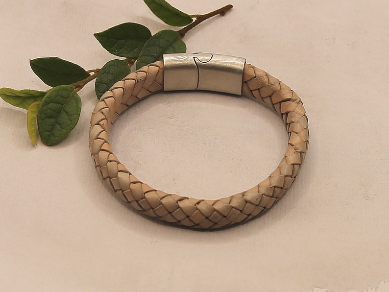 Braided leather bracelet with slide in magnetic clasp, light grey bracelet with stainless steal sturdy clasp, natural leather bracelet image 6