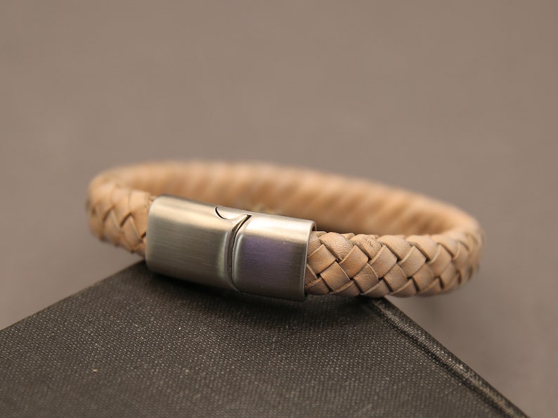 Braided leather bracelet with slide in magnetic clasp, light grey bracelet with stainless steal sturdy clasp, natural leather bracelet image 8