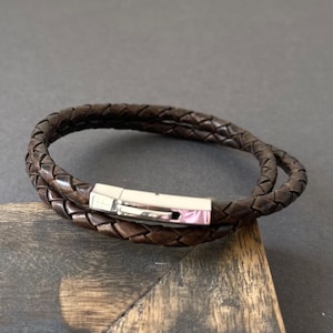 Men’s Double Wrap Braided Leather Bracelet – Dark Brown Minimalist Cuff – Handmade Leather Jewelry – Stylish Gift for Him, Husband, Dad
