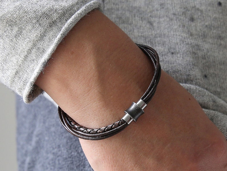 Multilayer brown leather bracelet for women, men leather bracelet with magnetic clasp, rustic leather bracelet for men or women, image 3