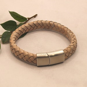 Braided leather bracelet with slide in magnetic clasp, light grey bracelet with stainless steal sturdy clasp, natural leather bracelet image 3