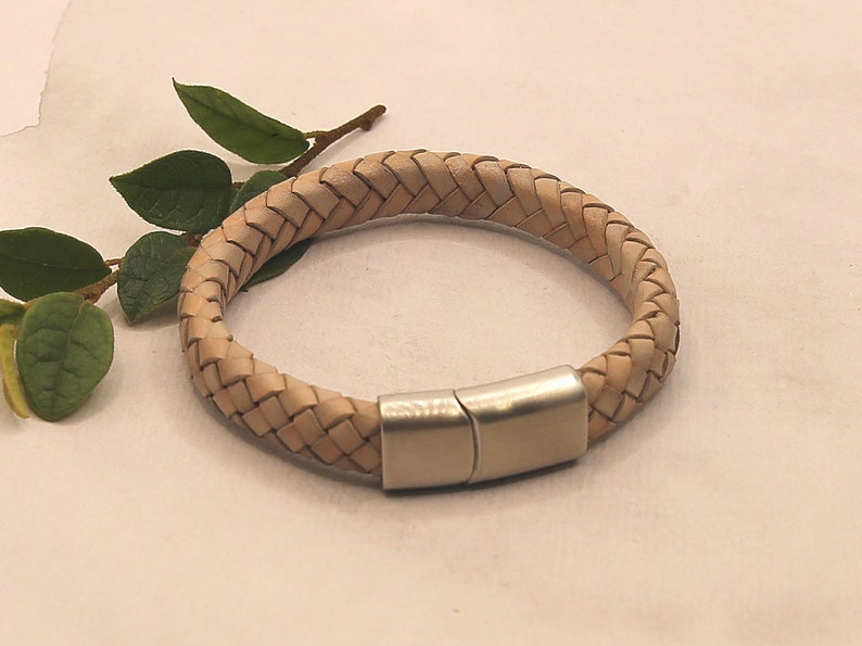 Braided leather bracelet with slide in magnetic clasp, light grey bracelet with stainless steal sturdy clasp, natural leather bracelet image 3