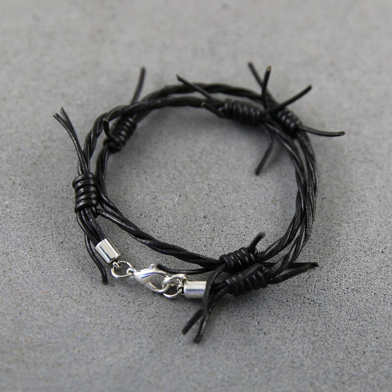 Barbed wire bracelet, steampunk leather bracelet, unisex bracelet, black bracelet, leather punk bracelet, wrap bracelet image 4