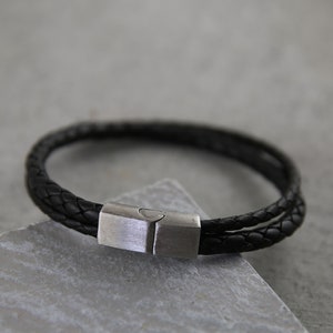 Mens leather bracelet with magnetic clasp, black braided leather bracelet, leather wedding anniversary gift, 50th birthday gift for men