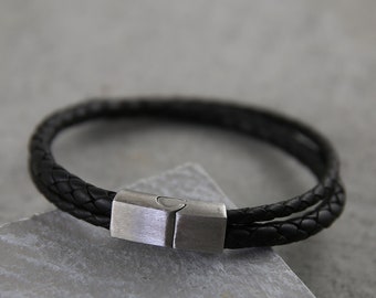 Mens leather bracelet with magnetic clasp, black braided leather bracelet, leather wedding anniversary gift, 50th birthday gift for men