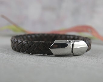 Braided leather with stainless steel sturdy magnetic clasp bracelet for men, anniversary gift from wife, men leather bracelet