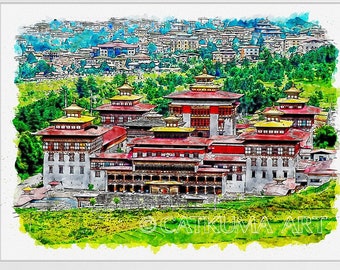 Bhutan Travel Print Watercolor of Royal Palace in Thimpu