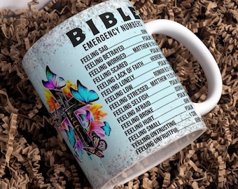 Bible Emergency Numbers Mug Wrap Around Digital Mug Designs, 11oz & 15oz, Sublimation PNG, Bible Quotes, Religious Christian Affirmations