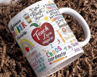 Enseñar, amar e inspirar, diseños de tazas digitales envolventes para maestros, sublimación PNG, 11 oz y 15 oz, afirmación del maestro, taza de vida docente