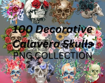 100 Calavera Skulls Graphic Design Elements, Premium Quality, PNG Transparent, For Sublimation, DTF, T-shirt, Stickers, Instant Downloads