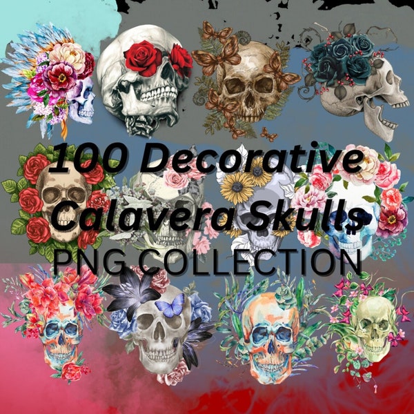 100 Calavera Skulls Graphic Design Elements, Premium Quality, PNG Transparent, For Sublimation, DTF, T-shirt, Stickers, Instant Downloads