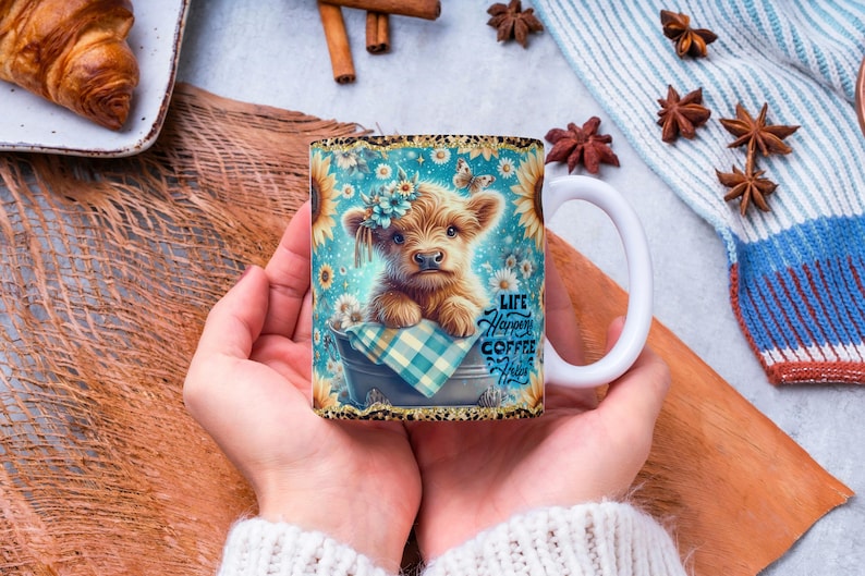 Emballage pour tasse Vache Highland PNG | La vie peut arriver, le café aide | Motif sublimation 11 oz 15 oz | Mug vache mignonne image 5