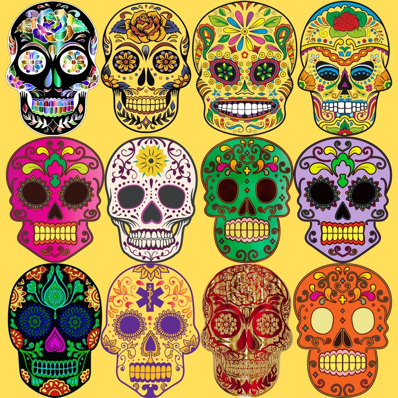 100 Colorful Sugar Skulls, PNG, Transparent Background, Printable ...