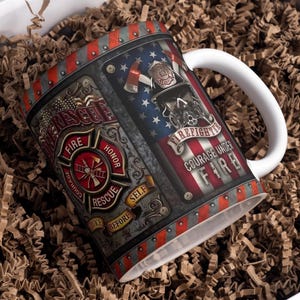 Tazza da pompiere con scritta "Vigili del fuoco", design digitale avvolgente, stampa a sublimazione in formato PNG, 11 oz e 15 oz, tazza da pompiere americano, pompieri, tazza da eroe.