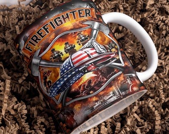 Fire Fighter, Brave Firemen Mug Wrap Around Digital Mug Designs, Sublimation PNG, 11oz & 15oz, American Fireman Cup, Firemen, Hero Mug,