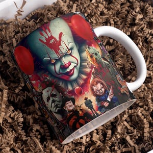 Horror Mug Wrap Around Digital Mug Designs, Sublimation PNG, 11oz & 15oz, Killer Clown, Killer Doll, Scary Mug Design