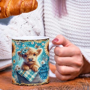 Emballage pour tasse Vache Highland PNG | La vie peut arriver, le café aide | Motif sublimation 11 oz 15 oz | Mug vache mignonne image 6