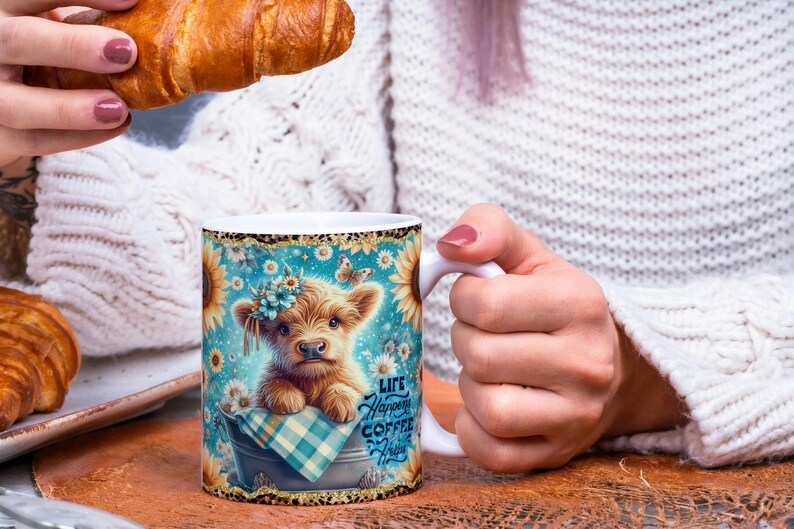 Emballage pour tasse Vache Highland PNG | La vie peut arriver, le café aide | Motif sublimation 11 oz 15 oz | Mug vache mignonne image 6