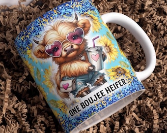 Une génisse boujee, tasse vache Highland enveloppante, conceptions de tasse numérique, sublimation PNG, 11 oz et 15 oz, tasse humeur, tasse vache Highland bébé mignon