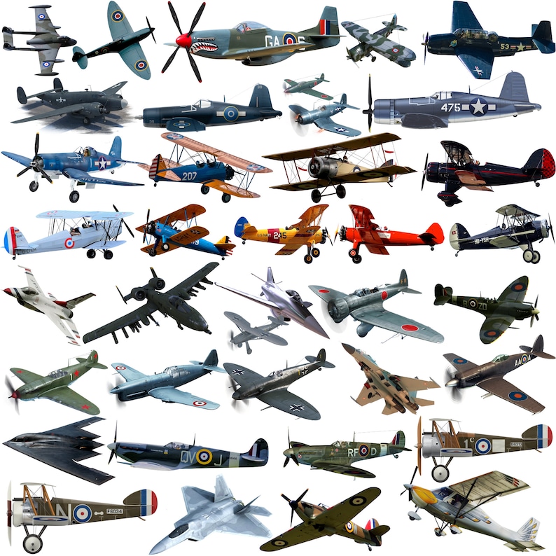 K&ouml;nnte beinhalten: Eine Collage verschiedener Vintage- und moderner Flugzeuge, darunter Doppeldecker, Kampfflugzeuge und Bomber. Die Flugzeuge sind in verschiedenen Farben gehalten, mit Details wie Propellern, Fl&uuml;geln und Markierungen. Eine Sammlung der Luftfahrtgeschichte.
