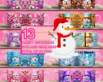 13 Colorful Snowman Mug Wrap Around Digital Mug Design, 11oz & 15oz, Sublimation PNG, High-Quality, Cute Snowman, Holiday Christmas Mug
