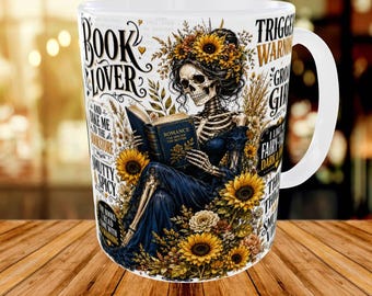 Dark Academia Book Lover Mug Design, Skeleton Reading Mug, Gothic Bookworm Coffee Mug, Sunflower Reader Gift, Digital Download 15oz 11oz