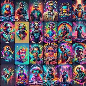 May include: A collage of 16 colorful illustrations featuring DJs with headphones and turntables. Each illustration has a unique style and color scheme, with vibrant backgrounds and bold graphics. The text "DJ Music" appears in the center of the collage.
