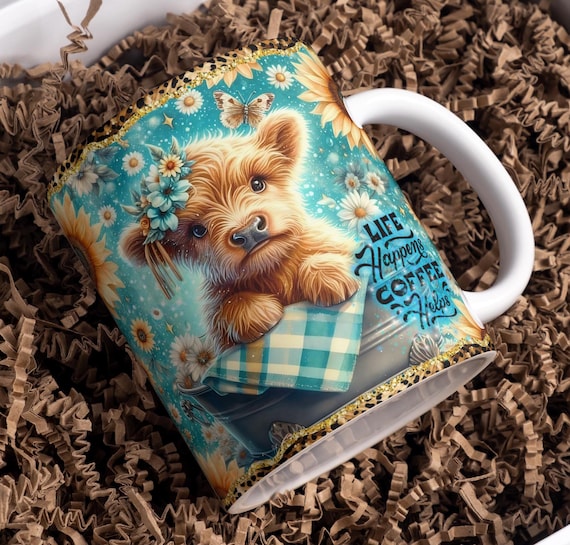 Highland Cow Mug Wrap PNG | Life Happens Coffee Helps | Sublimation Design 11oz 15oz | Cute Cow Mug