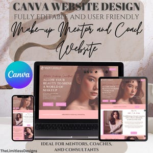 May include: A mockup of a website design for a makeup mentor or coach. The website features a light pink background with a photo of a woman with makeup on. The text on the website says "Allow your beauty to shine a world of makeup".