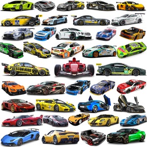 May include: A collection of 36 toy race cars in various colors and designs, including red, yellow, blue, green, black, and white. The cars are all different makes and models, and some have sponsors' logos on them. The cars are arranged in a grid pattern on a white background.