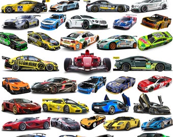 May include: A collection of various race cars and sports cars displayed in a grid, featuring diverse models, vibrant paint schemes, sponsor decals, racing numbers, spoilers, and aerodynamic body designs captured from multiple angles.