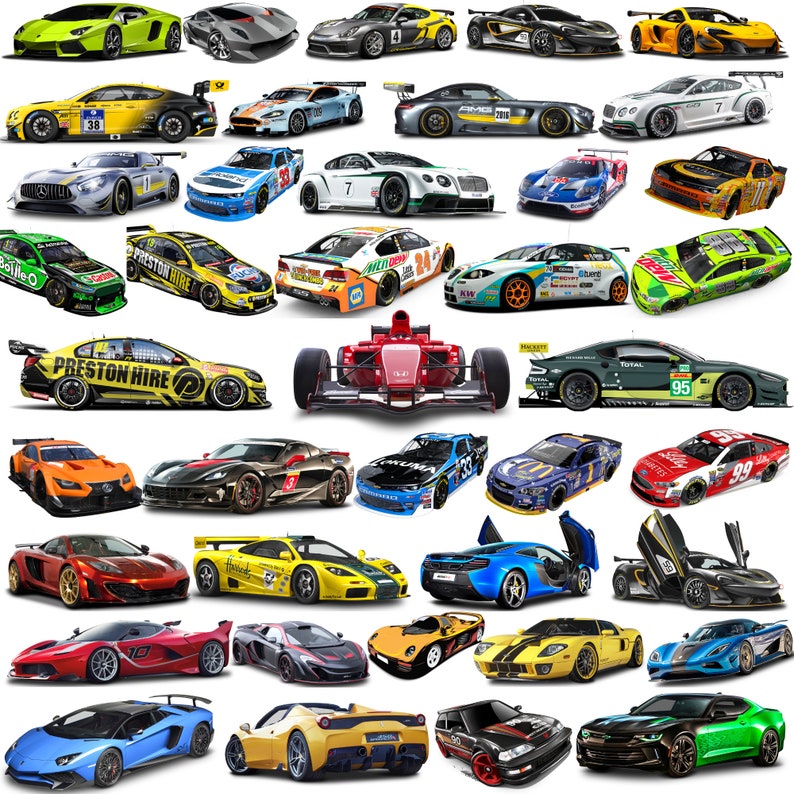 May include: A collection of 36 toy race cars in various colors and designs, including red, yellow, blue, green, black, and white. The cars are all different makes and models, and some have sponsors' logos on them. The cars are arranged in a grid pattern on a white background.
