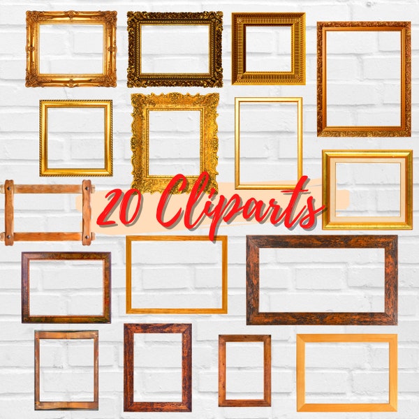 20 Picture Frames, Digital Cliparts, PNG Files, Transparent Background, Instant Download