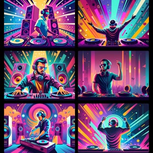 Art coloré DJ rétro design graphique numérique musique disco DJ clipart 12 JPG Bundle 27 à télécharger pour T-shirt oreiller en toile pour impression numérique